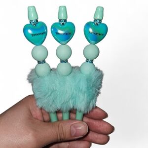 Teal Color Aqua Heart Pens with Fluffy Holder 3/$18